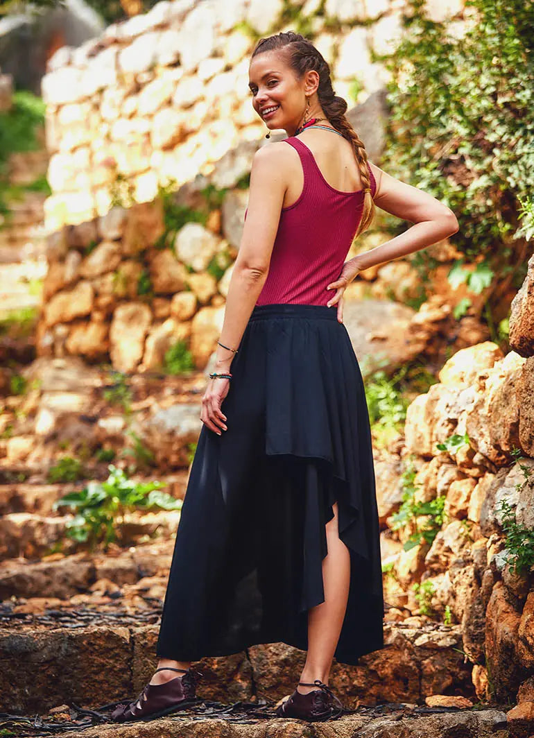 Beli Lastikli Midi Siyah Etnik Etek 2397