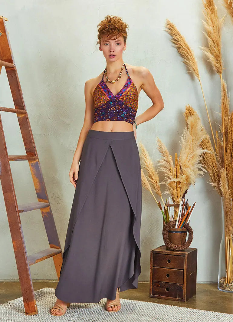 Bohem Stil Uzun Yırtmaçlı Gri Etek 5115