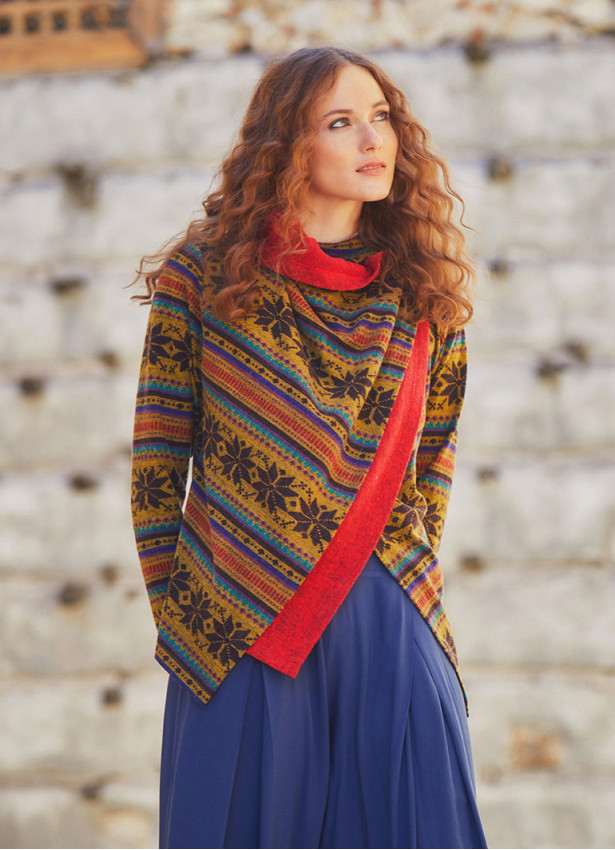 Parmak Geçmeli Salaş Kırmızı Kilim Desenli Hırka 5110