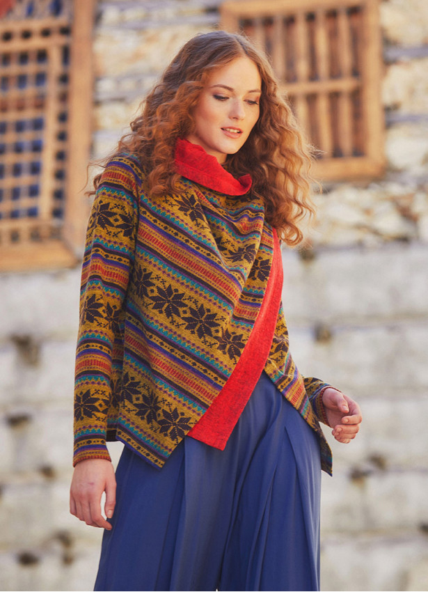 Parmak Geçmeli Salaş Kırmızı Kilim Desenli Hırka 5110