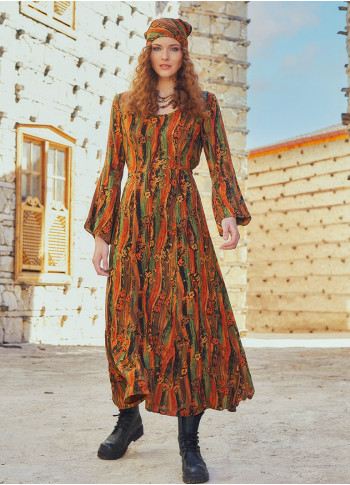 Hardal Desenli Kayık Yaka Belden Bağlamalı İspanyol Kol Kadın Elbise