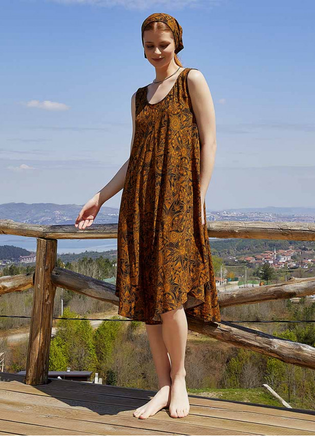 Turuncu Desenli Kayık Yaka Kolsuz Günlük Elbise