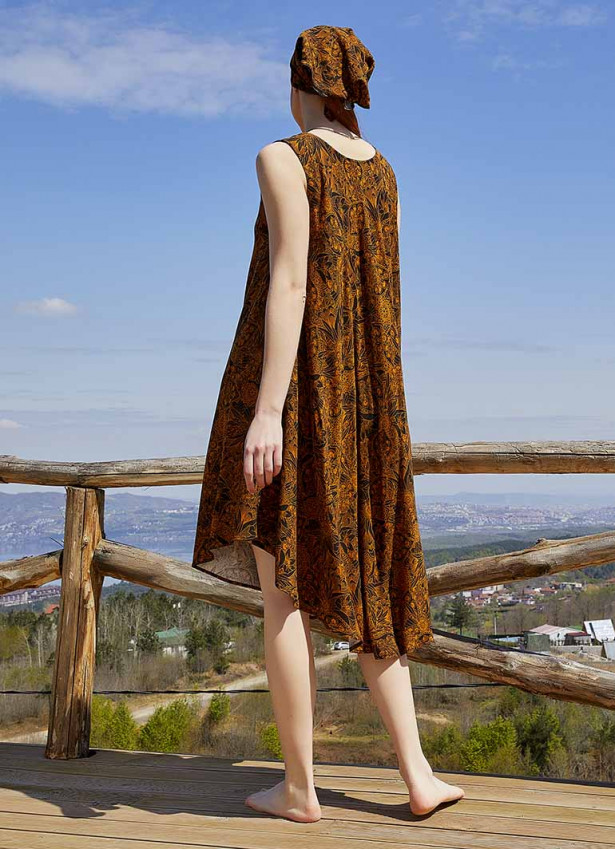 Turuncu Desenli Kayık Yaka Kolsuz Günlük Elbise