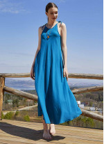 Bağlamalı İp Askılı Uzun Yazlık Mavi Elbise