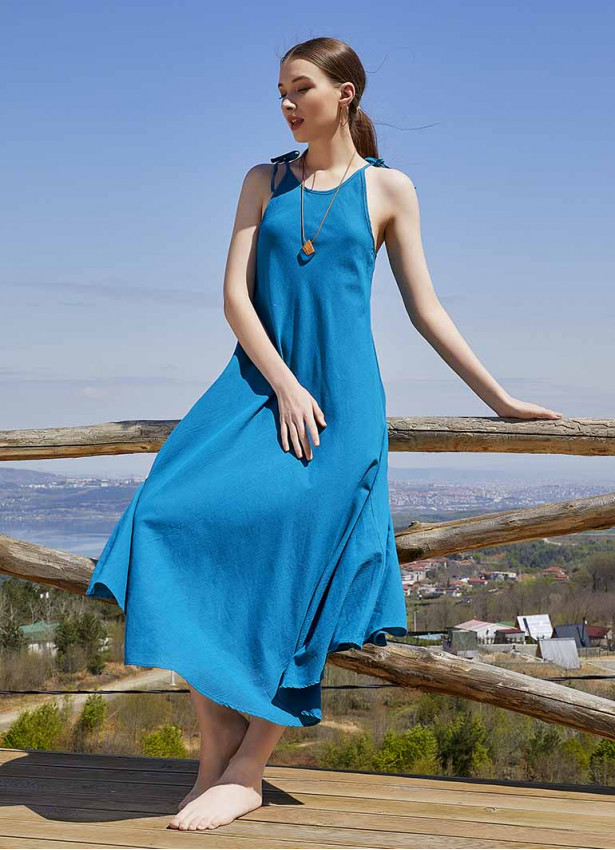 Bağlamalı İp Askılı Uzun Yazlık Mavi Elbise