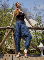 Gipe Bel Detaylı Mavi Desenli Kadın Şalvar Pantolon