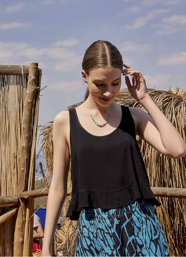 Bohem Tarz Kalın Askılı Siyah Crop Bluz 5036