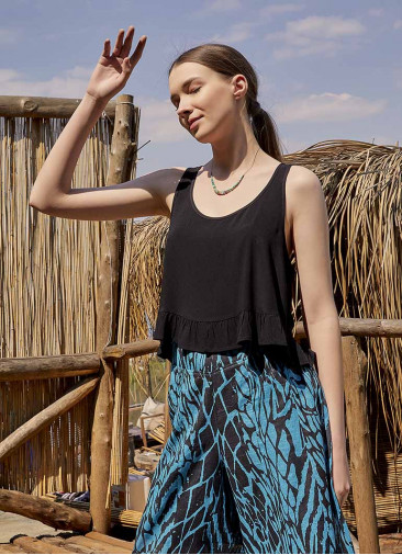 Bohem Tarz Kalın Askılı Siyah Crop Bluz 5036