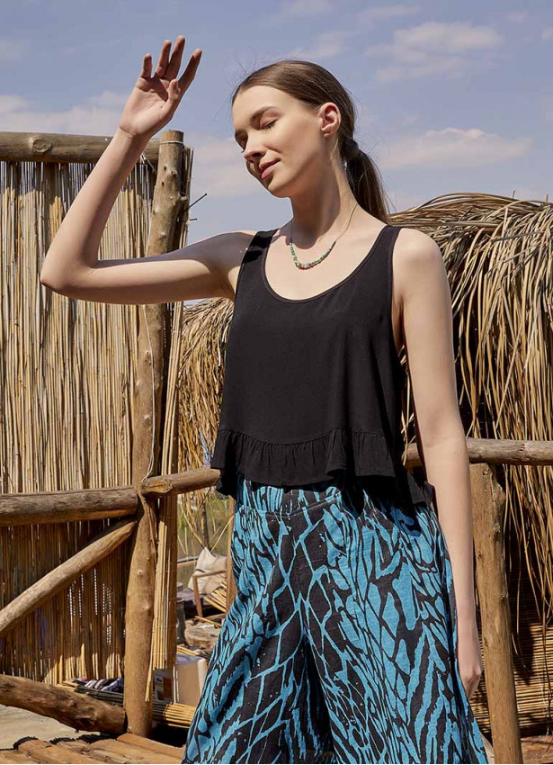Bohem Tarz Kalın Askılı Siyah Crop Bluz 5036
