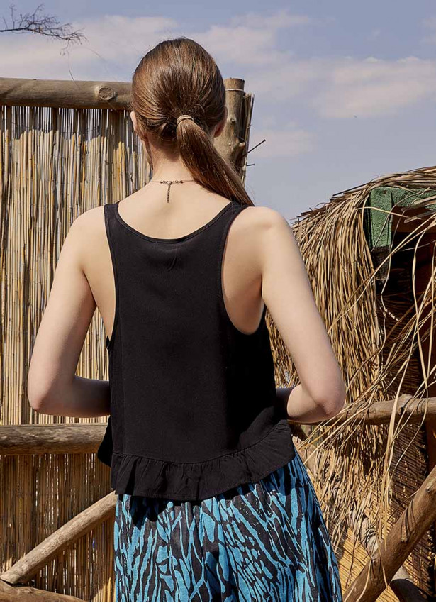 Bohem Tarz Kalın Askılı Siyah Crop Bluz 5036