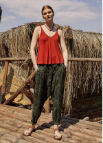Gipe Bel Detaylı Yeşil Desenli Kadın Şalvar Pantolon