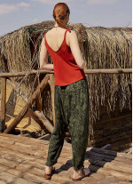 Gipe Bel Detaylı Yeşil Desenli Kadın Şalvar Pantolon