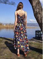 İp Askılı Lacivert Çiçekli Elbise