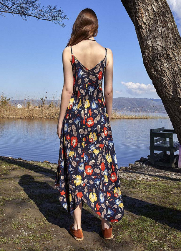 İp Askılı Lacivert Çiçekli Elbise