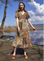 Etnik Desenli Yarım Kol Midi Elbise