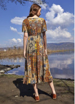 Etnik Desenli Yarım Kol Midi Elbise