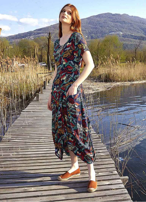 Otantik Havuz Yaka Yarım Kollu Lacivert Desenli Uzun Elbise 4921