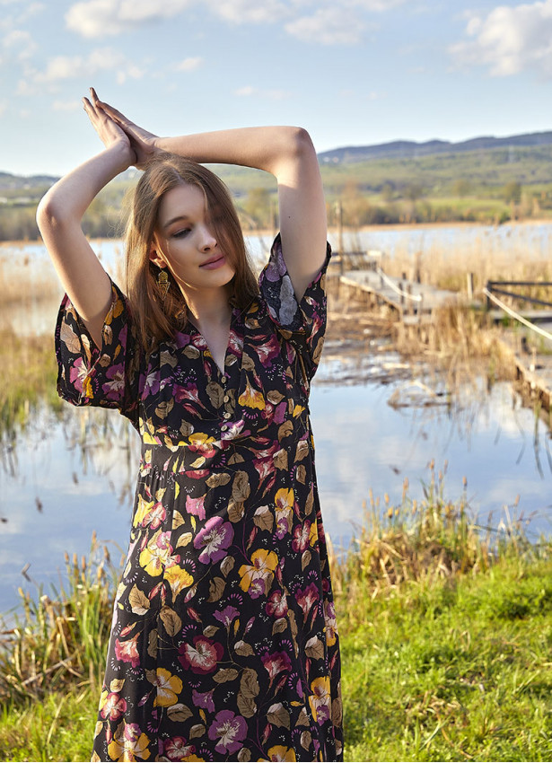 Midi Boy Siyah Çiçekli Elbise 4938