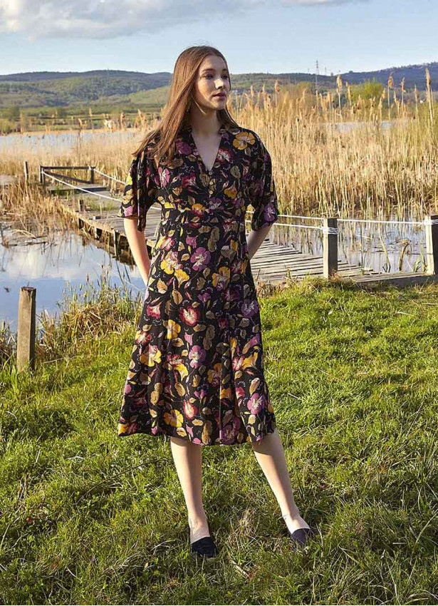 Midi Boy Siyah Çiçekli Elbise 4938