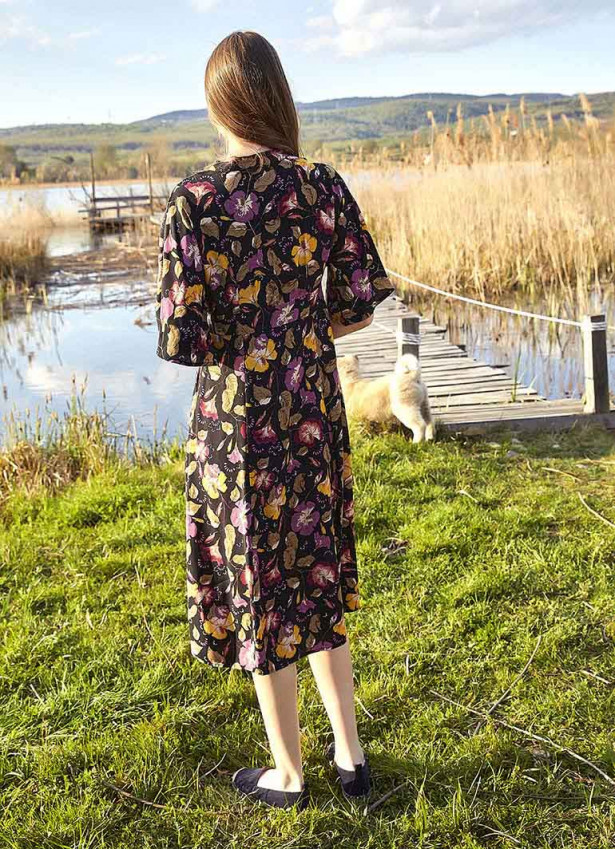 Midi Boy Siyah Çiçekli Elbise 4938