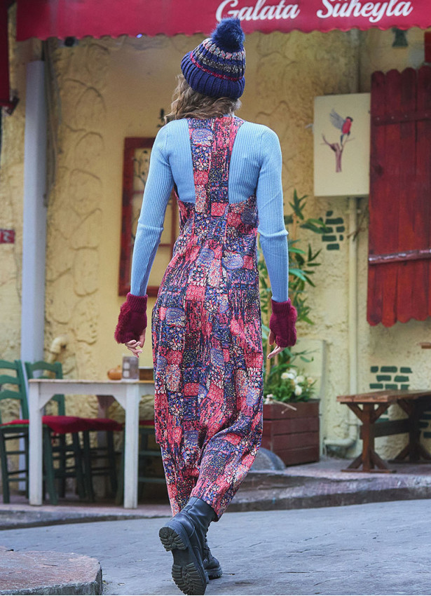 Dekolteli Fermuarlı Cepli Kadın Kırmızı Desenli Şalvar Tulum 6587