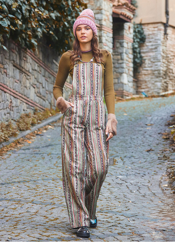 Haki Desenli Bahçıvan Bol Paça Salopet Kadın Tulum 6563