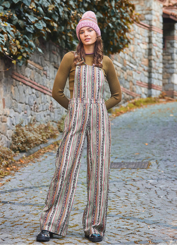 Haki Desenli Bahçıvan Bol Paça Salopet Kadın Tulum 6563