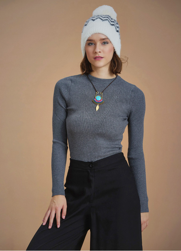 Bisiklet Yaka Slim Antrasit Triko Kazak 6588