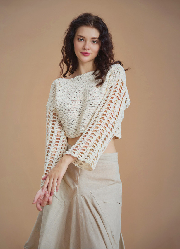 Ekru Renkli Örme Delikli Crop Ajurlu Kazak 6595
