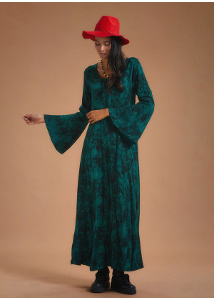 Yeşil Desenli Kayık Yaka Belden Bağlamalı İspanyol Kol Kadın Elbise