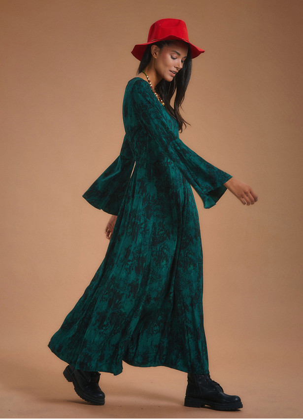 Yeşil Desenli Kayık Yaka Belden Bağlamalı İspanyol Kol Kadın Elbise