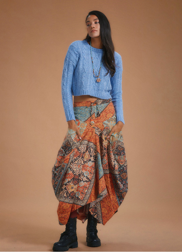 Kahve Desenli Beli Bağcıklı Cepli Uzun Etek 5128