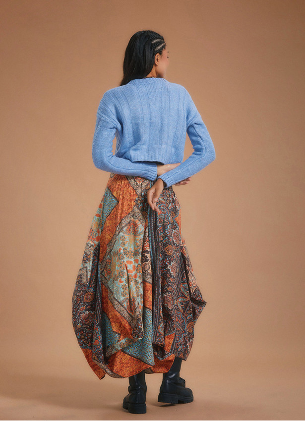 Kahve Desenli Beli Bağcıklı Cepli Uzun Etek 5128