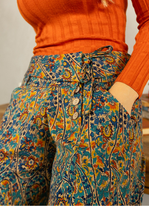 Pera Desen Düşük Bel Düğmeli Bol Paça Pantolon 6250