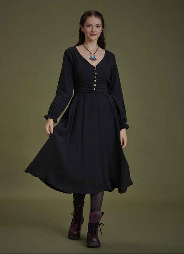 Bohem Tarz Uzun Kollu Siyah Elbise 4827