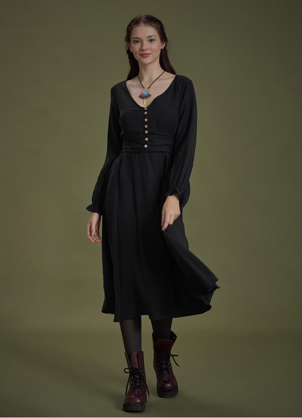 Bohem Tarz Uzun Kollu Siyah Elbise 4827