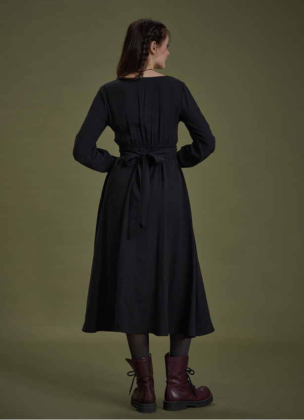 Bohem Tarz Uzun Kollu Siyah Elbise 4827