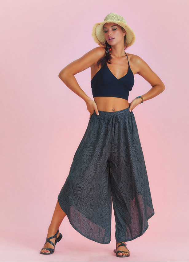 Paçası Detaylı Beli Lastikli Gri Snike Bol Paça Pantolon 6585