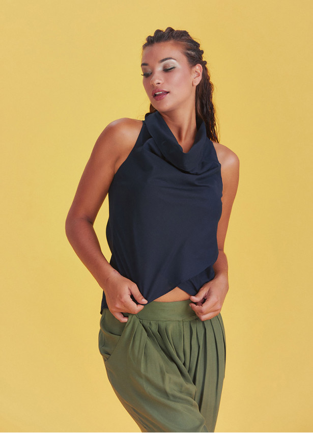 Bohem Tarz Degaje Yaka Otantik Lacivert Bluz 4975