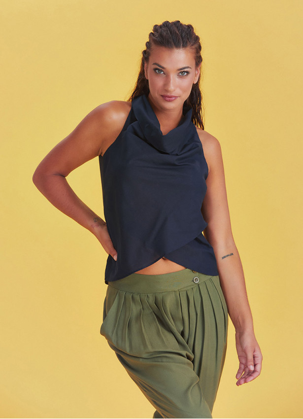 Bohem Tarz Degaje Yaka Otantik Lacivert Bluz 4975