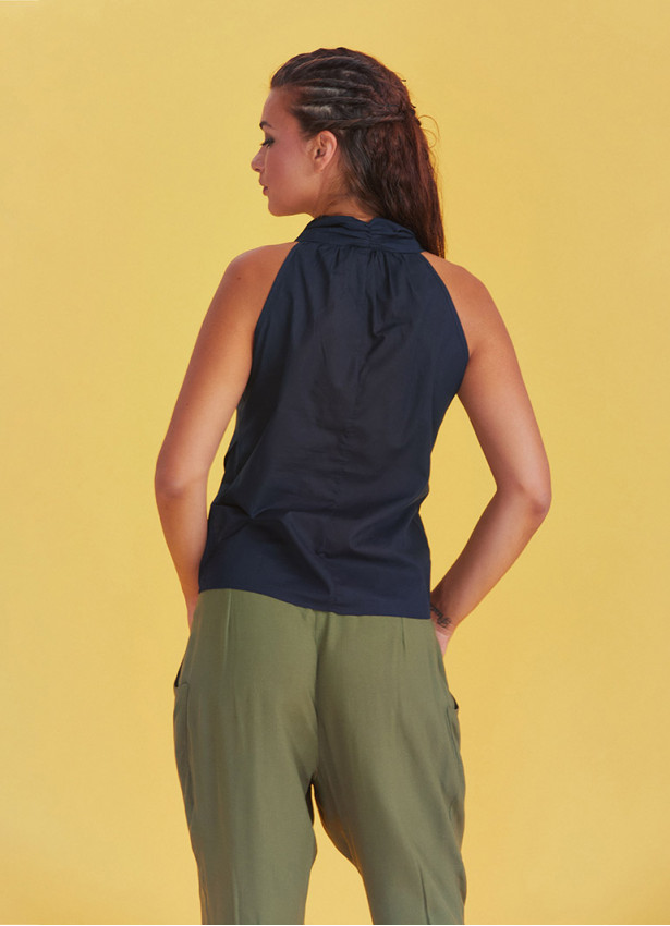 Bohem Tarz Degaje Yaka Otantik Lacivert Bluz 4975