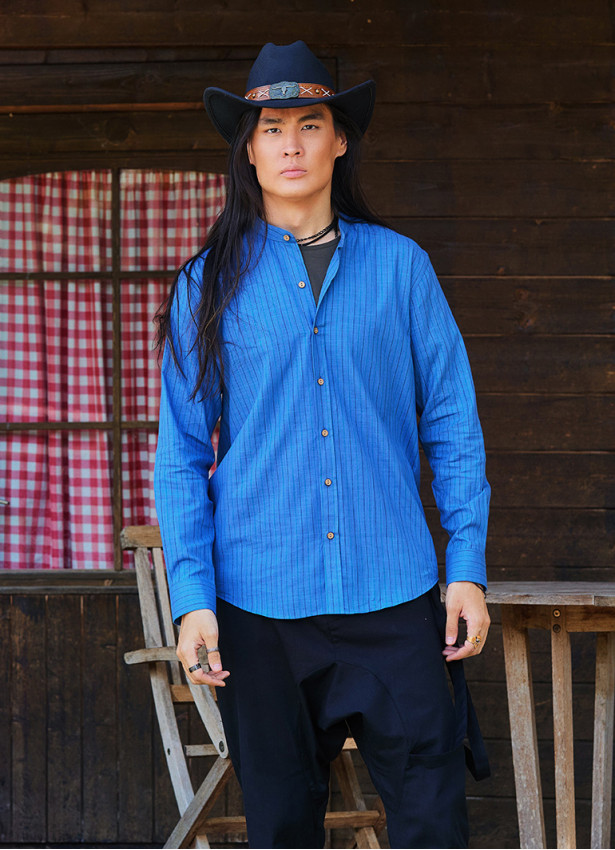 Rahat Kesim Düğmeli Uzun Kollu Mavi Çizgili Erkek Gömlek 6555