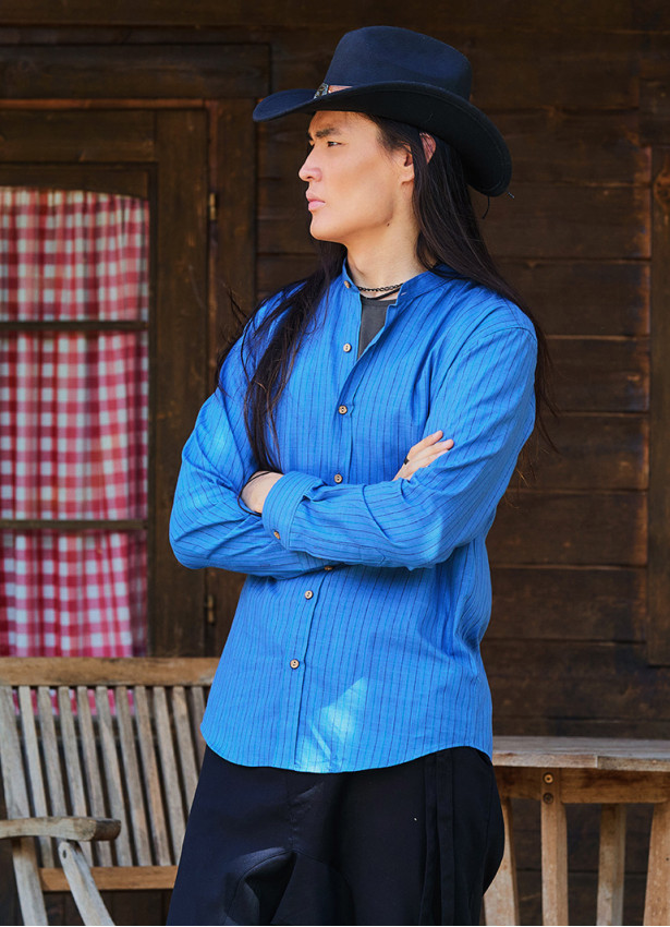 Rahat Kesim Düğmeli Uzun Kollu Mavi Çizgili Erkek Gömlek 6555