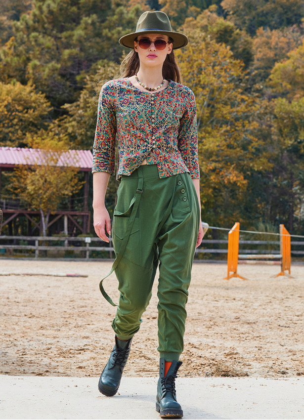 İp Detaylı Düğme Beli Lastikli Haki Bohem Şalvar 6875