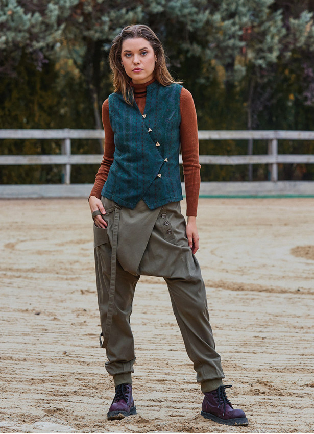 V Yaka Çapraz Düğmeli Yeşil Otantik Bluz 7115