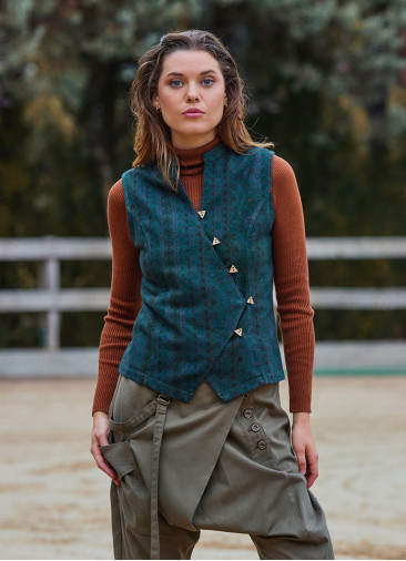 V Yaka Çapraz Düğmeli Yeşil Otantik Bluz 7115