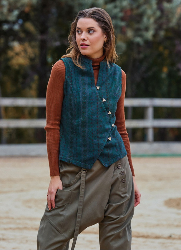 V Yaka Çapraz Düğmeli Yeşil Otantik Bluz 7115