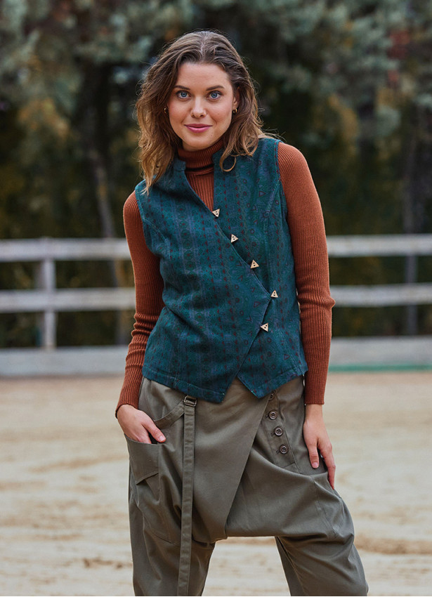 V Yaka Çapraz Düğmeli Yeşil Otantik Bluz 7115