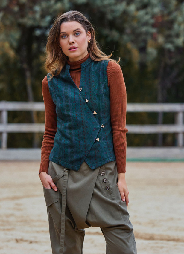 V Yaka Çapraz Düğmeli Yeşil Otantik Bluz 7115