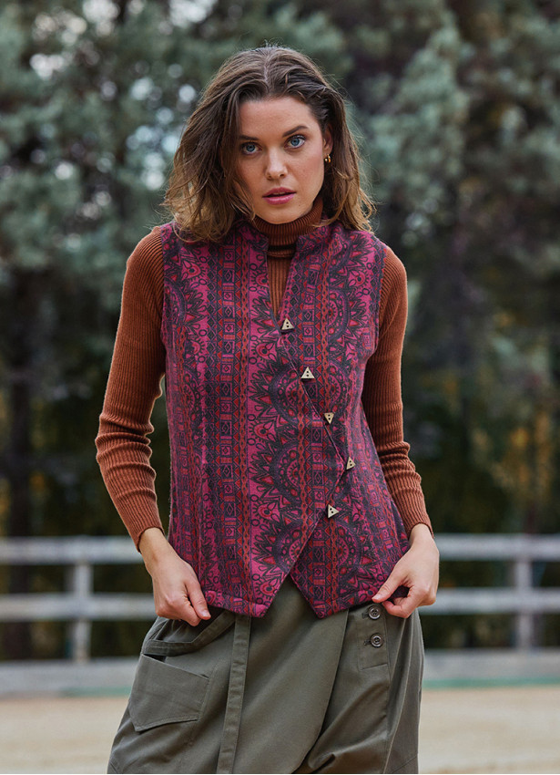 V Yaka Çapraz Düğmeli Bordo Etnik Bluz 7116